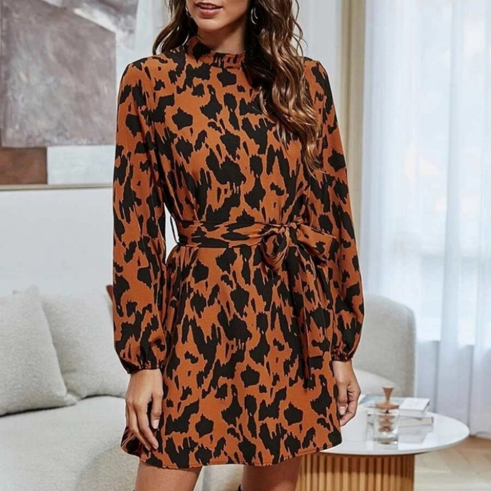 Animal print long sleeved Mock Neck Belted Mini Dress brown black - Picture 6 of 6